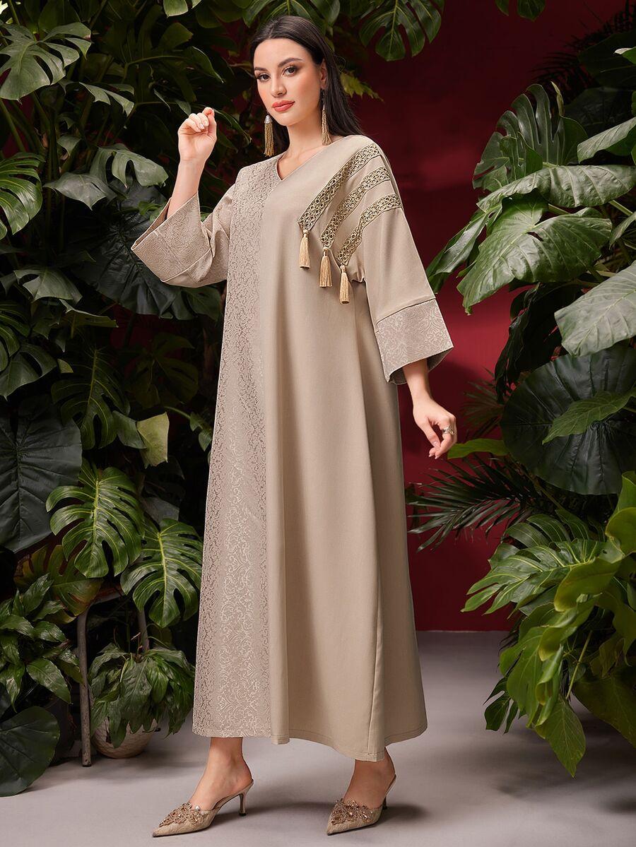 AL NAJMA BEŻOWA SUKIENKA V NECK WZÓR RĘKAW 3/4 PK01__XXL