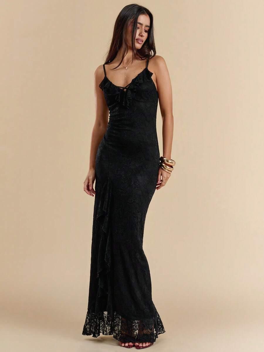 SHEIN KORONKOWA CZARNA MAXI SUKIENKA RAMIĄCZKA S06__M