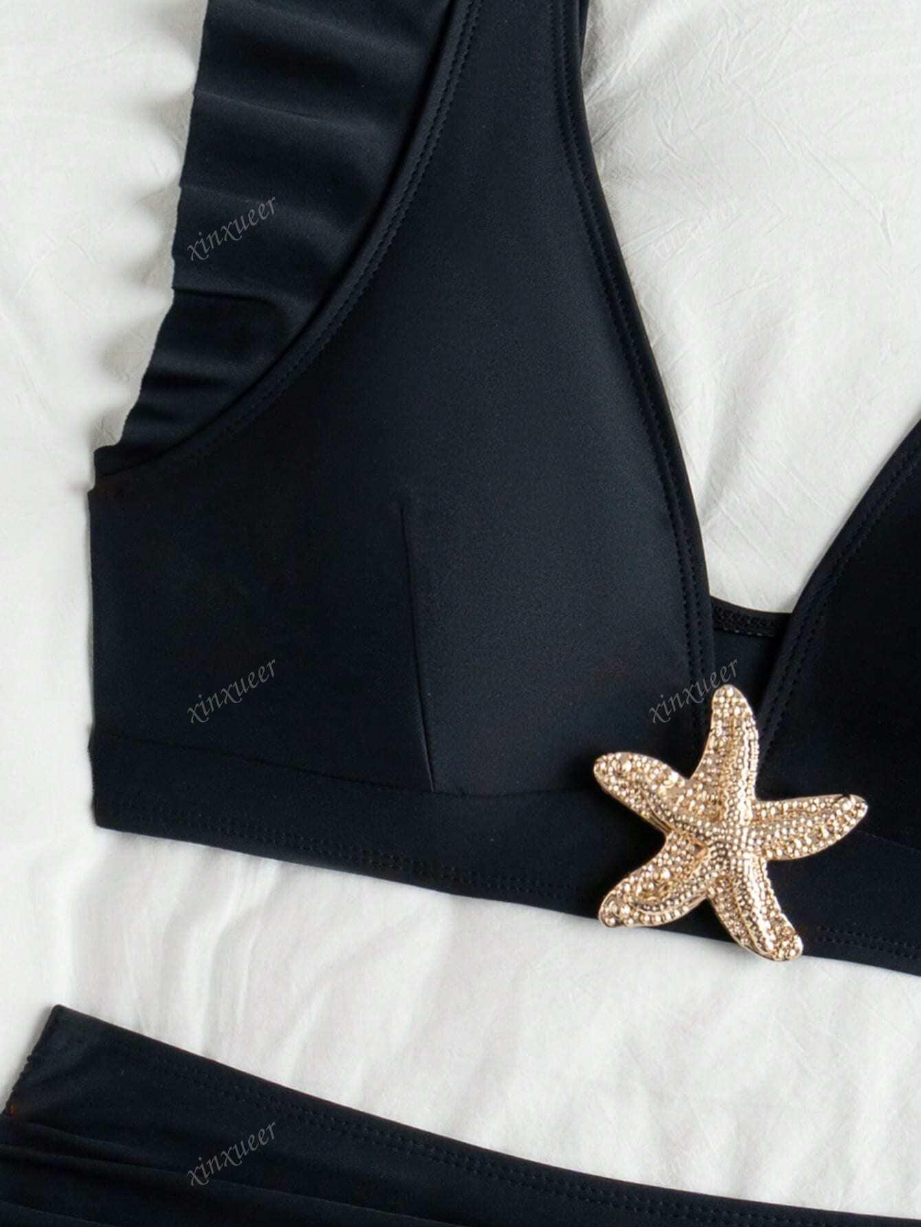 SHEIN CZARNY DWUCZĘŚCIOWY STRÓJ KĄPIELOWY ZDOBIENIE S09__M