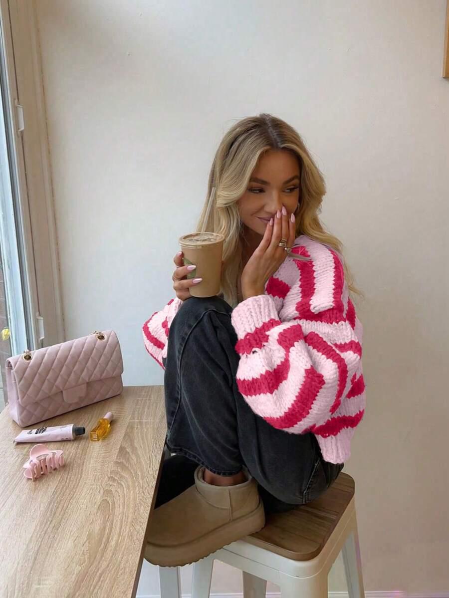 SHEIN SWETER GUZIKI WZÓR PASKI S06__M