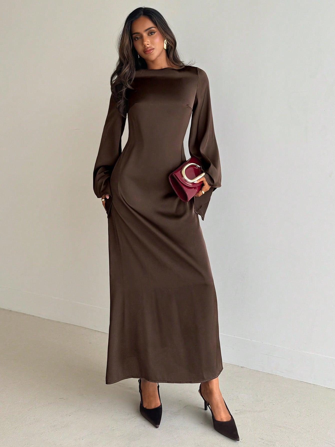 SHEIN BRĄZOWA MAXI SUKIENKA S06__S