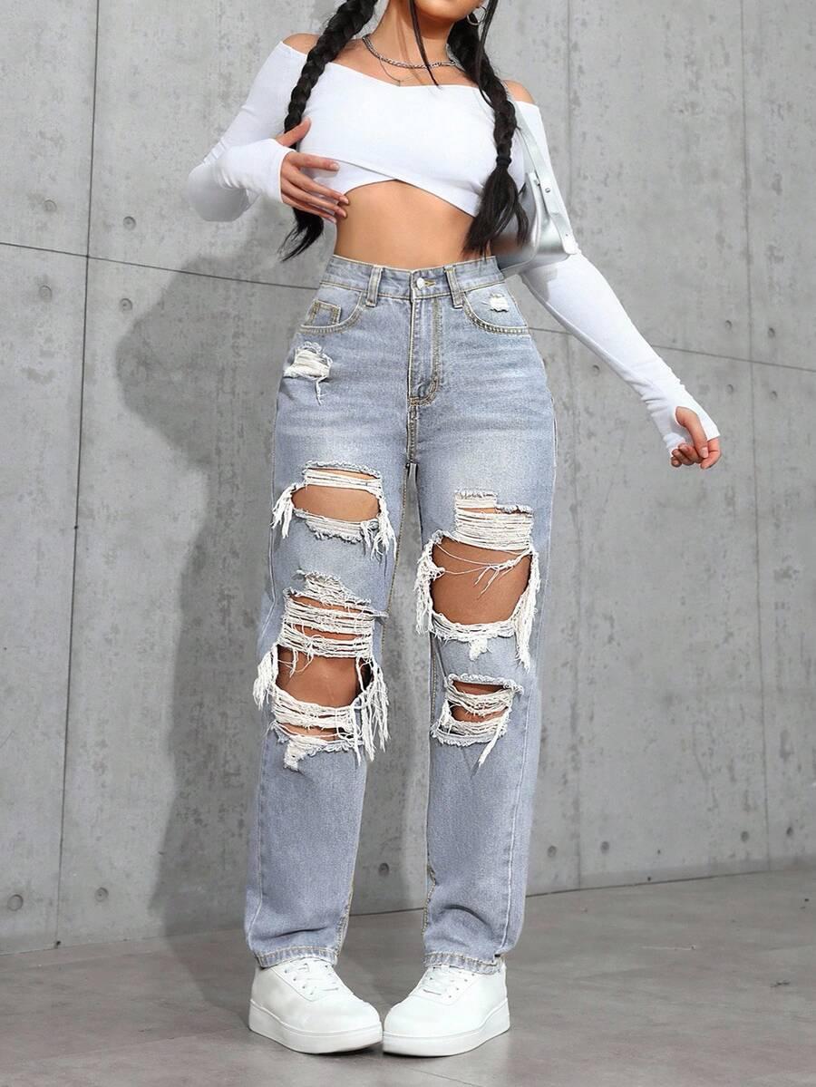 SHEIN SZARE SPODNIE JEANS PRZETARCIA S06__52