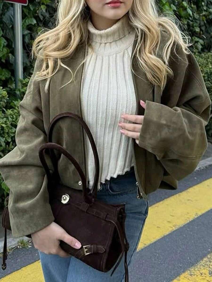SHEIN ZIELONA KURTKA IMITACJA ZAMSZU S06__M
