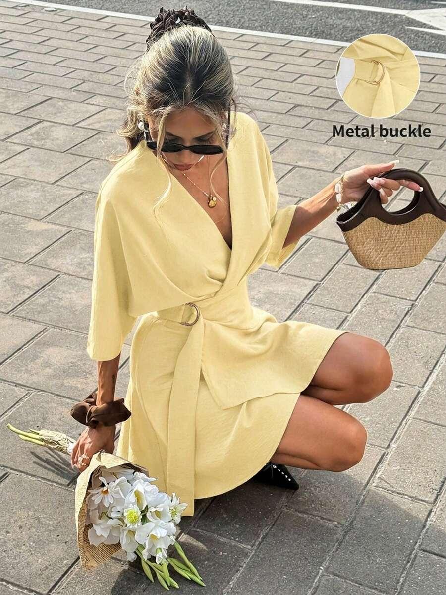 SHEIN ŻÓŁTA SUKIENKA KOPERTOWY DEKOLT S06__M