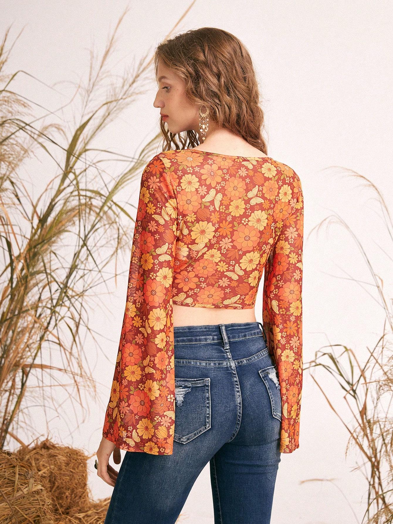 SHEIN TOP DŁUGI RĘKAW WZÓR KWIATY WIĄZANIE PK01__M