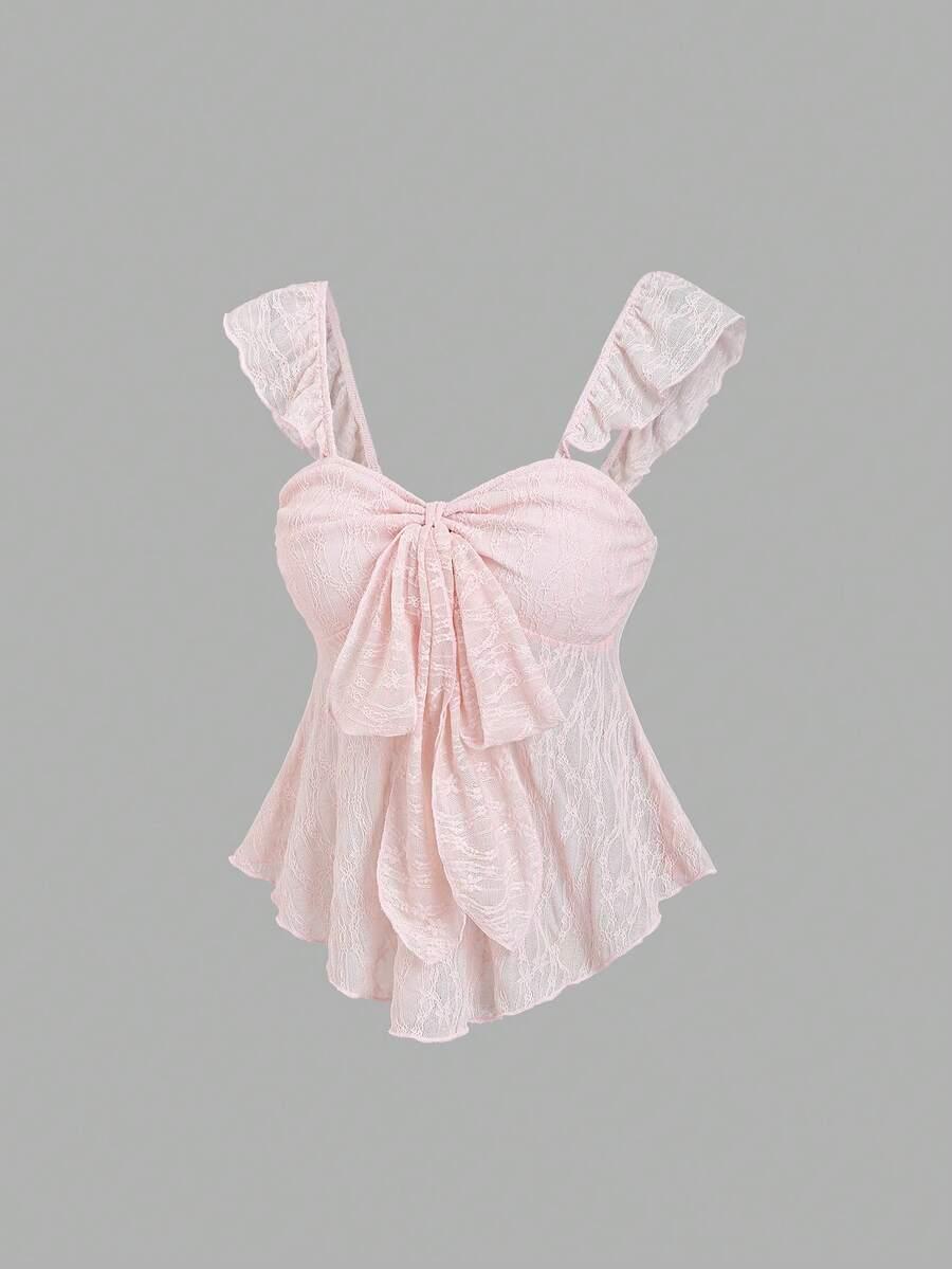 SHEIN RÓŻOWY TOP NA RAMIĄCZKACH KORONKA S06__XS