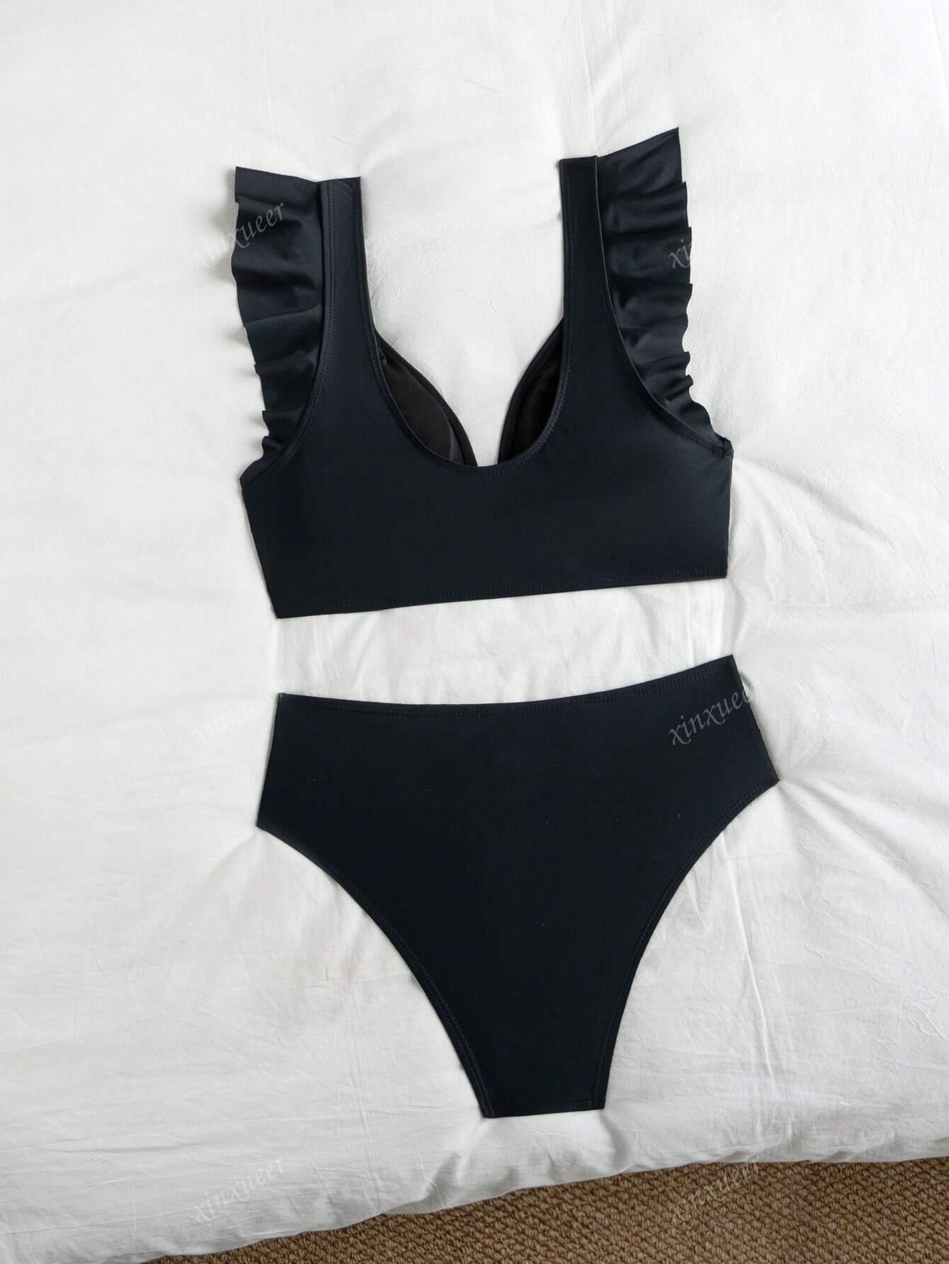 SHEIN CZARNY DWUCZĘŚCIOWY STRÓJ KĄPIELOWY ZDOBIENIE S09__M