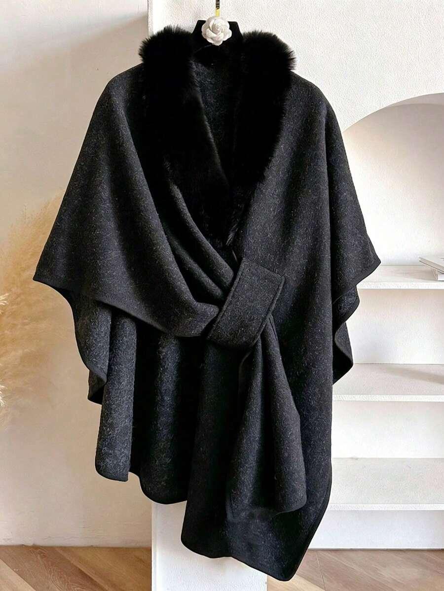 SHEIN CZARNE PONCZO FUTERKO S06__OS