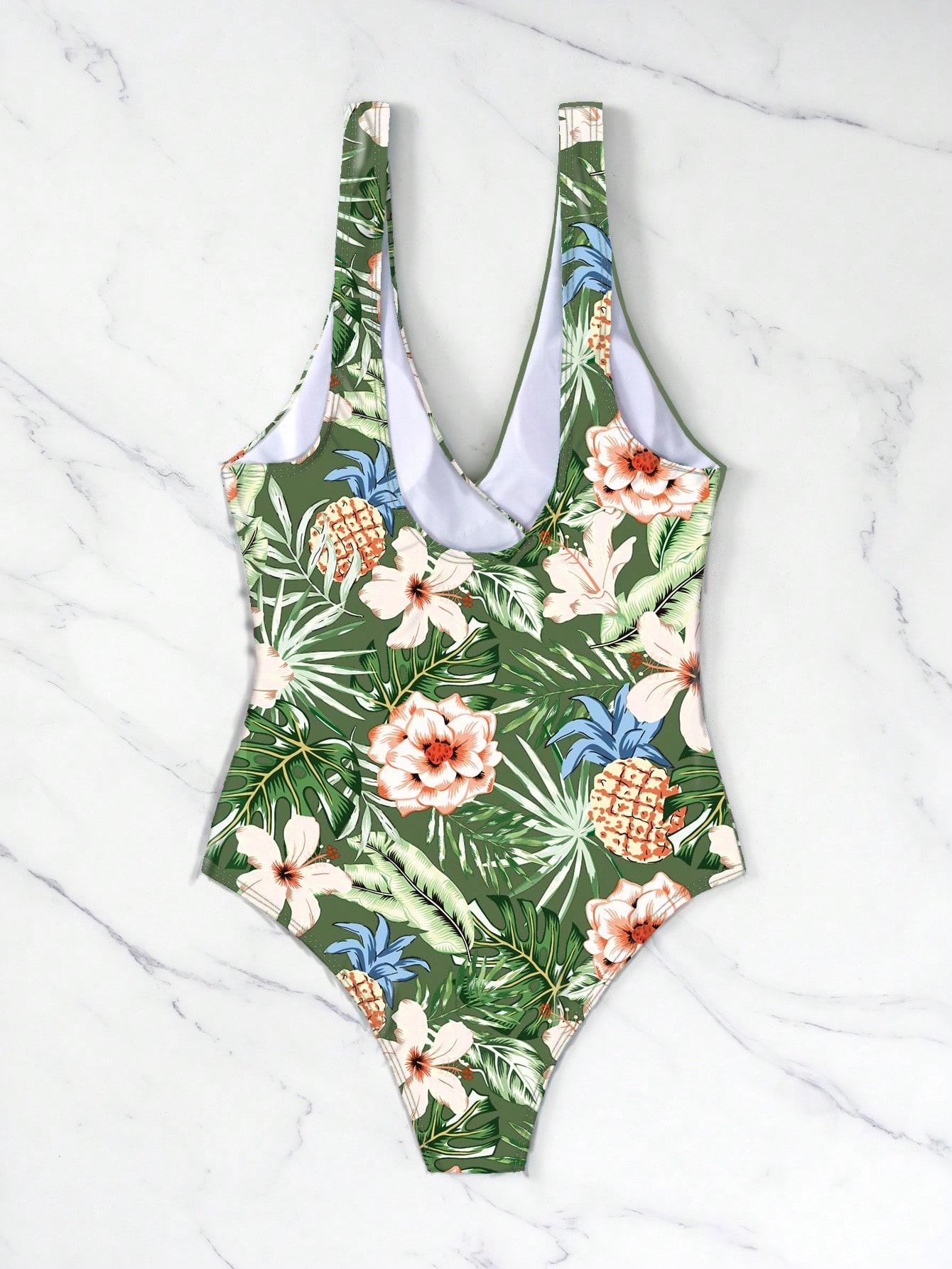 SHEIN ZIELONY JEDNOCZĘŚCIOWY STRÓJ KĄPIELOWY KWIATY S09__XL