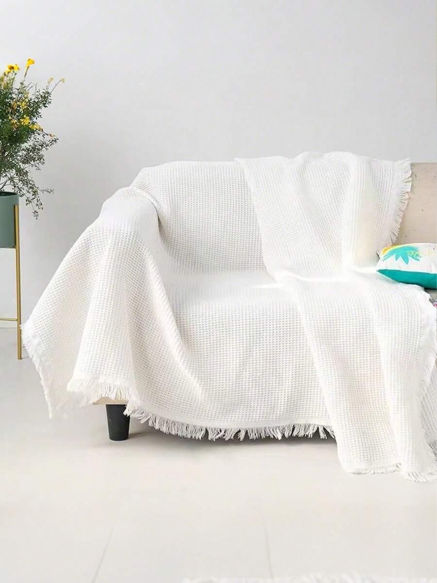 SHEIN BIAŁY KOC FRĘDZLE S07__90X90