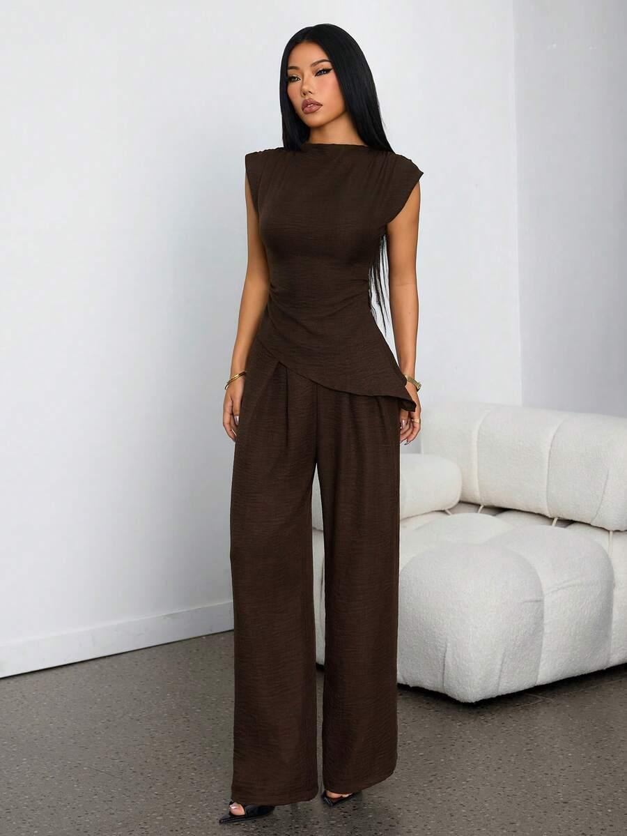 SHEIN ASYMETRYCZNA BRĄZOWA BLUZKA S06__XS