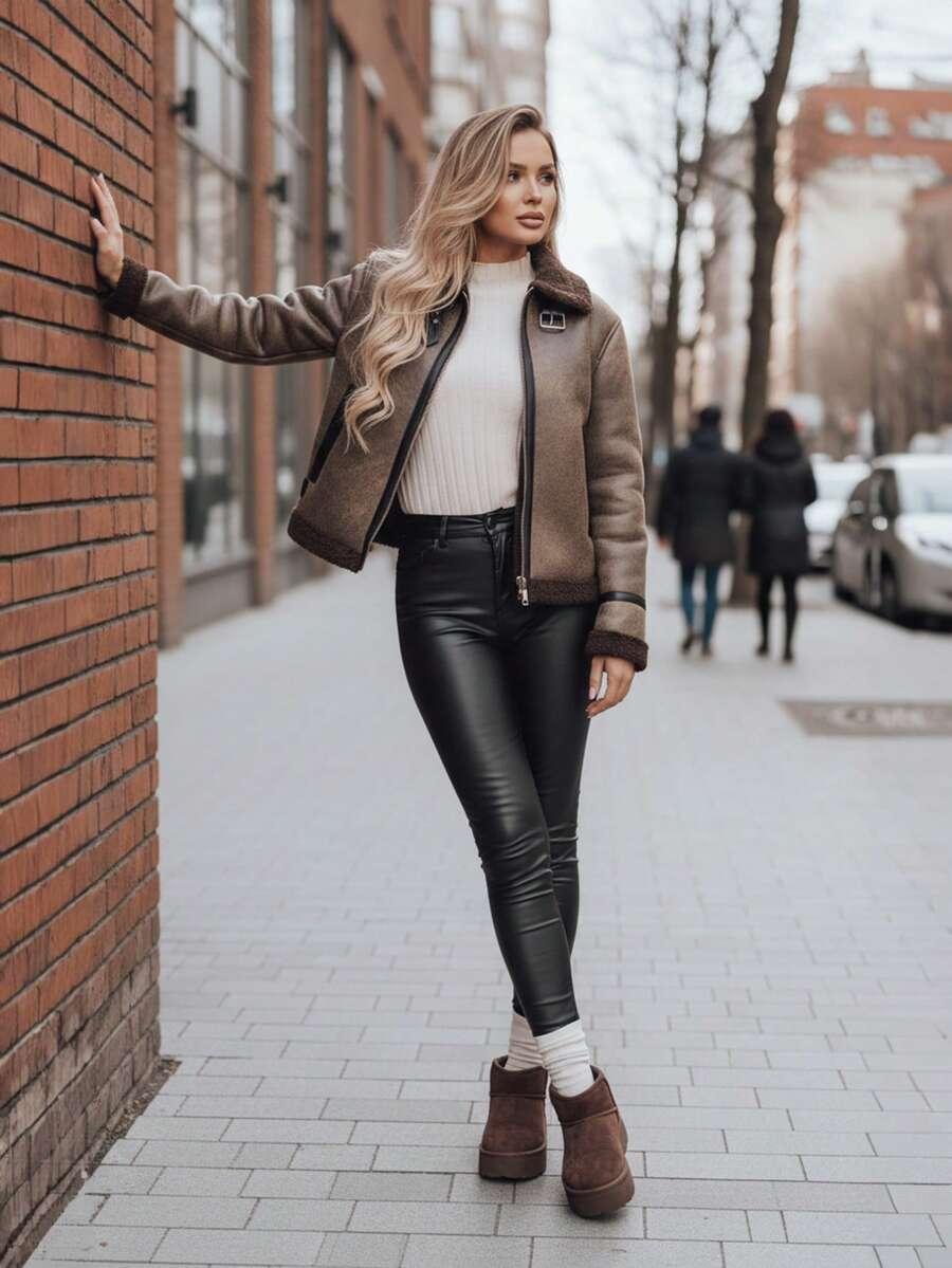 SHEIN BRĄZOWY SZTUCZNY KOŻUCH W01__L