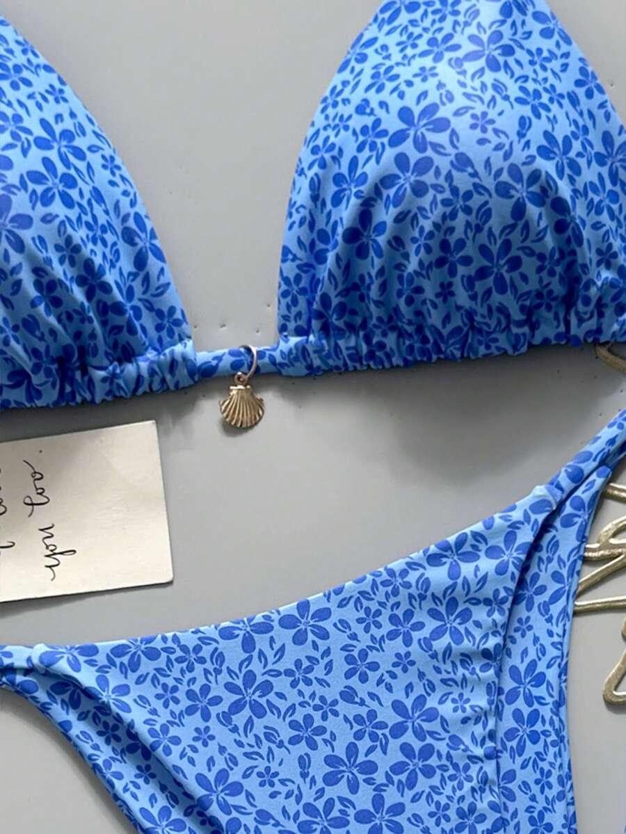 SWIM MOD NIEBIESKI DWUCZĘŚCIOWY STRÓJ KĄPIELOWY WZÓR KWIATY S06__XS