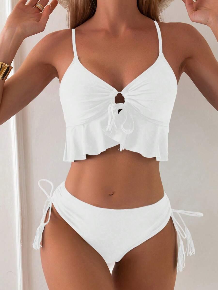 SHEIN BIAŁY DWUCZĘŚCIOWY STRÓJ KĄPIELOWY FALBANA S09__L