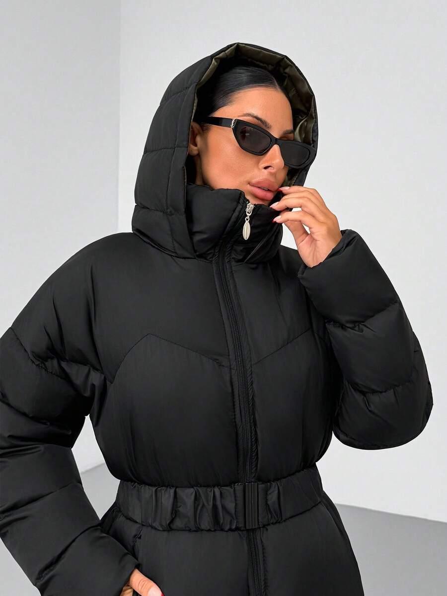 SHEIN CZARNA PIKOWANA KURTKA KAPTUR W01__M