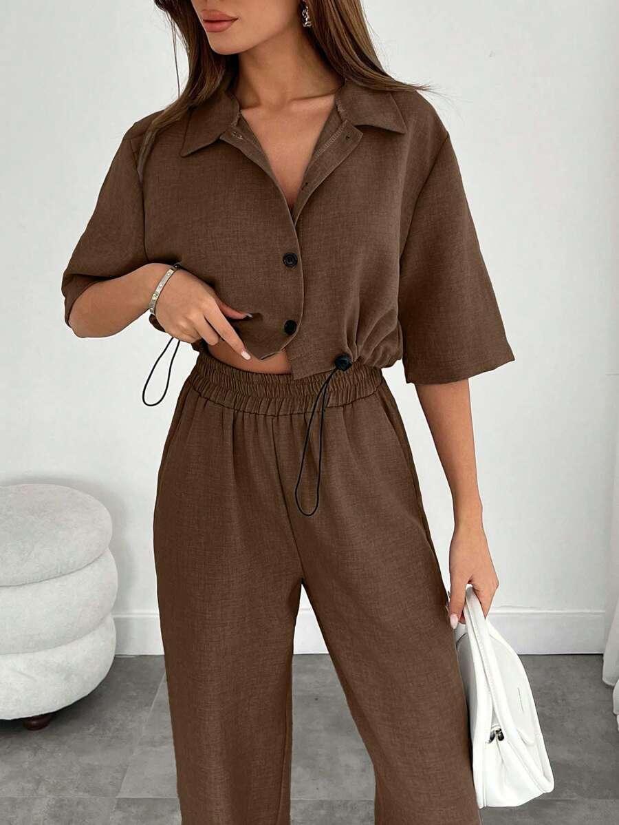 SHEIN BRĄZOWY KOMPLET SPODNIE BLUZKA S06__XS