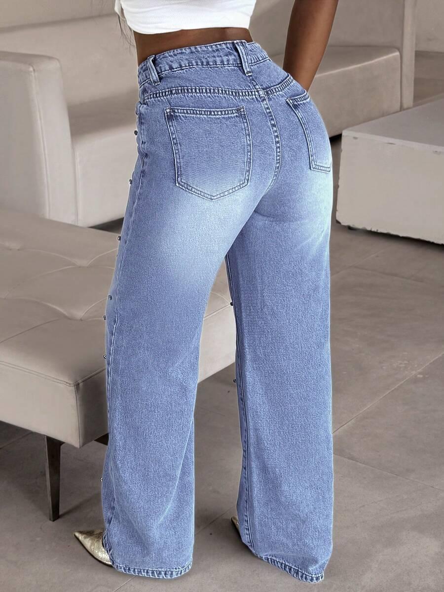 SHEIN NIEBIESKIE SPODNIE JEANS ZDOBIENIA S06__L