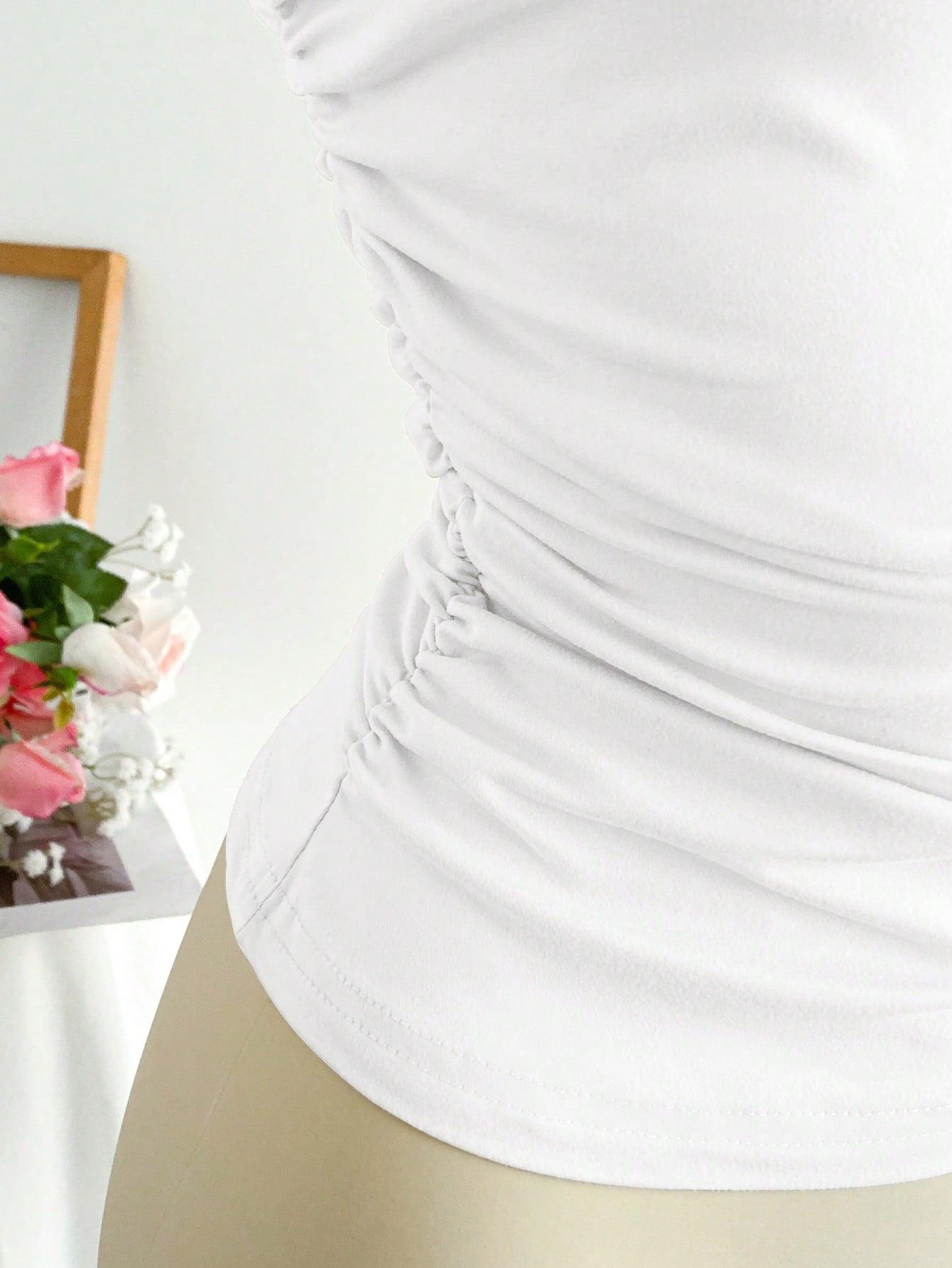 SHEIN BIAŁY TOP NA JEDNO RAMIĘ MARSZCZENIA S06__L