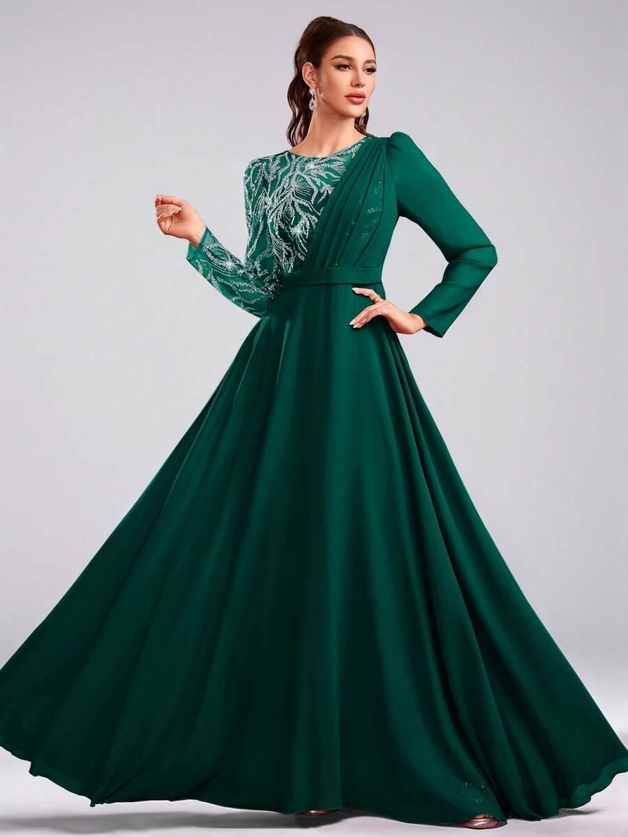 SHEIN ZIELONA MAXI SUKIENKA ZDOBIENIA S06__S