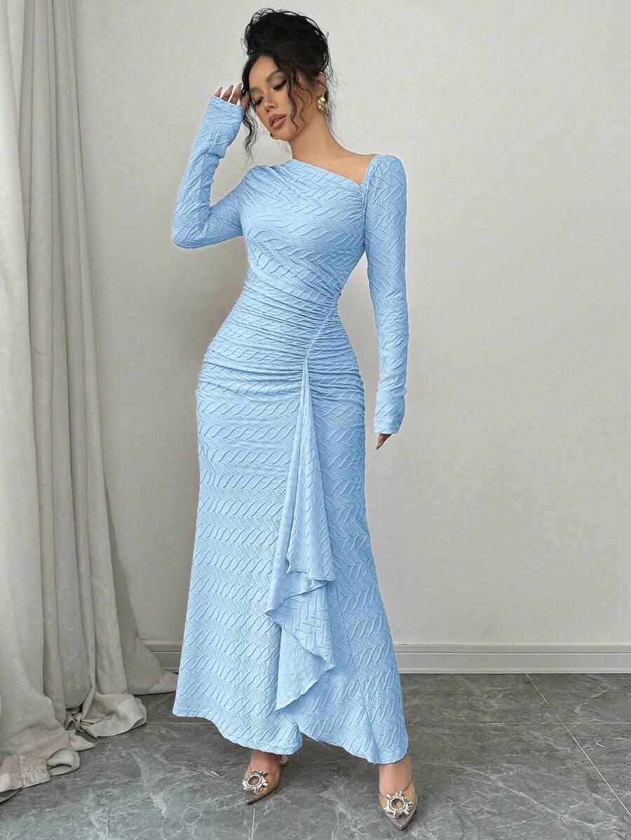 SHEIN BRĄZOWA SUKIENKA TEKSTURA ASYMETRIA FALBANA PK01__S