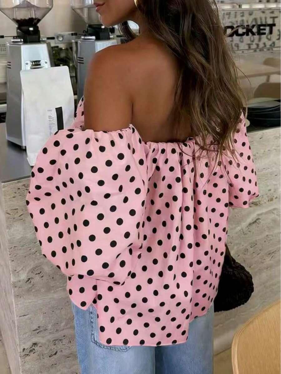SHEIN RÓŻOWA BLUZKA ODKRYTE RAMIONA WZÓR GROSZKI BUFKI PK01__M