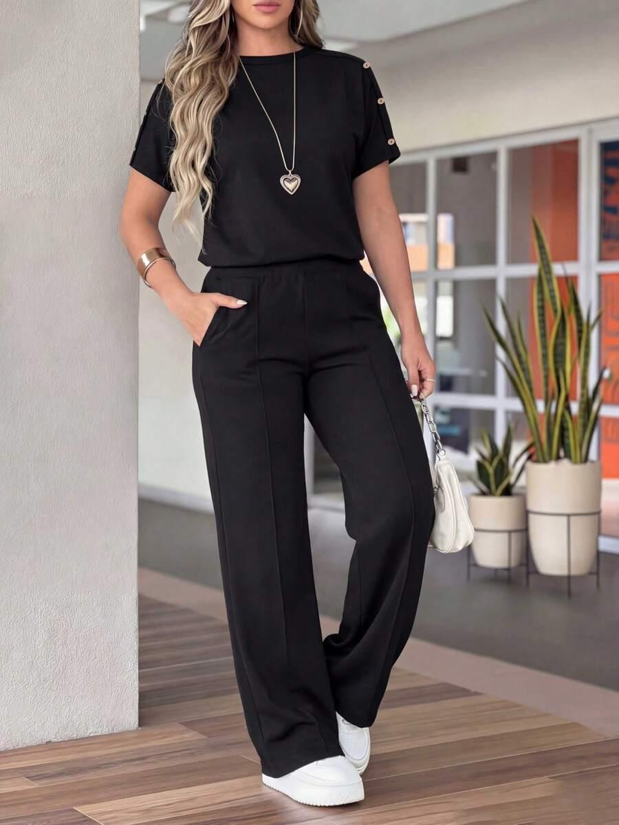SHEIN CZARNY KOMPLET BLUZKA SPODNIE GUZIKI S06__S