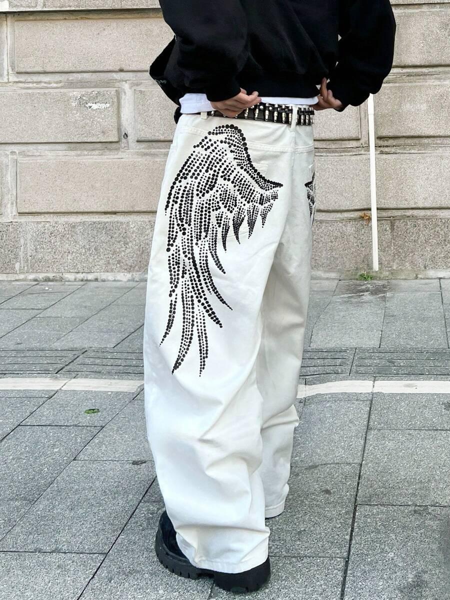 SHEIN BIAŁE SPODNIE JEANSOWE PRINT S06__L