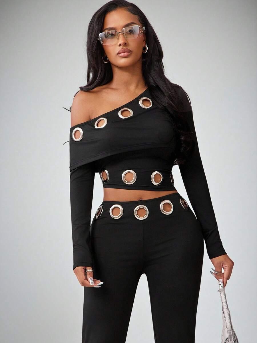 SHEIN CZARNY KOMPLET TOP SPODNIE S06__XS