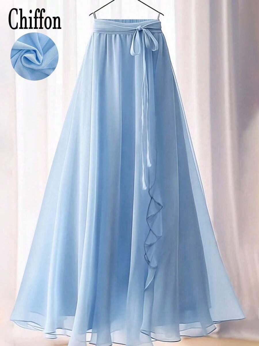 SHEIN SZYFONOWA NIEBIESKA MAXI SPÓDNICA FALBANY PK01__L