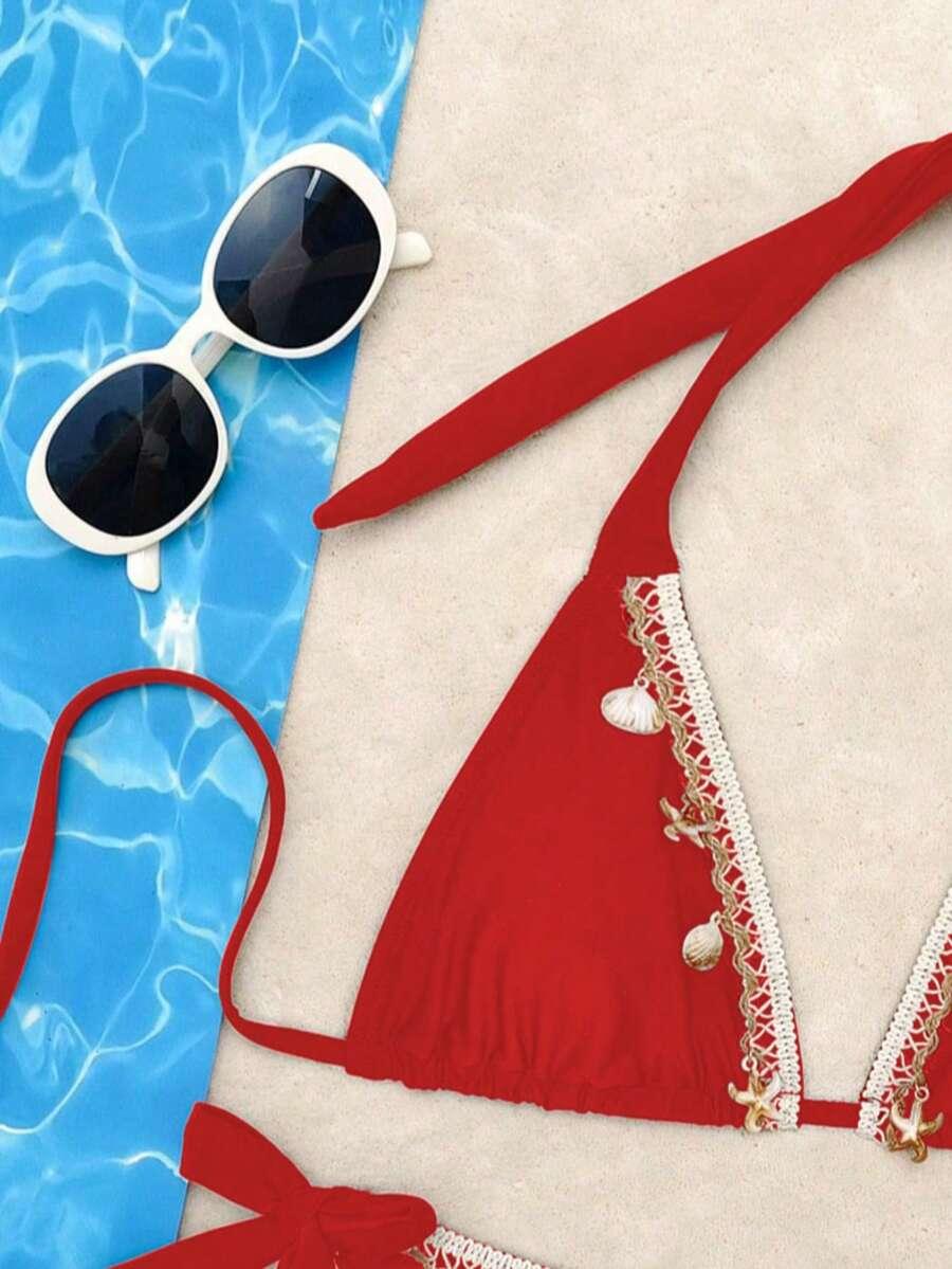 SHEIN WIĄZANY DWUCZĘŚCIOWY STRÓJ KĄPIELOWY ZDOBIENIE S09__L
