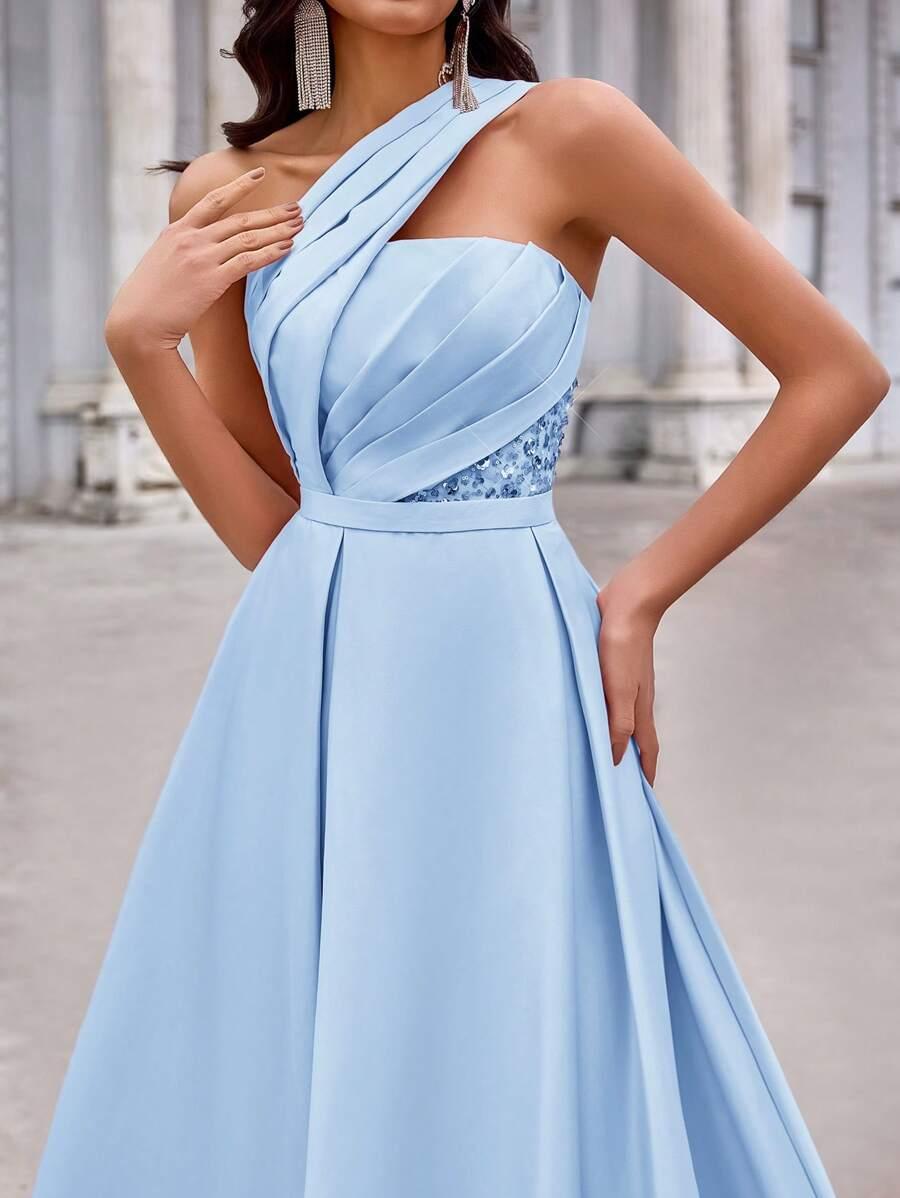 SHEIN NIEBIESKA MAXI SUKIENKA ASYMETRYCZNY DEKOLT CEKINY S06__M