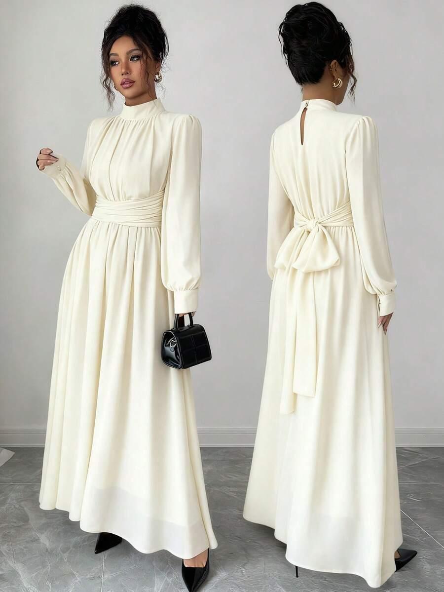 SHEIN KREMOWA MAXI SUKIENKA DŁUGI RĘKAW S06__M
