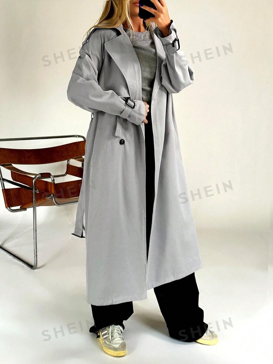 SHEIN SZARY DWURZĘDOWY DŁUGI PŁASZCZ W01__M