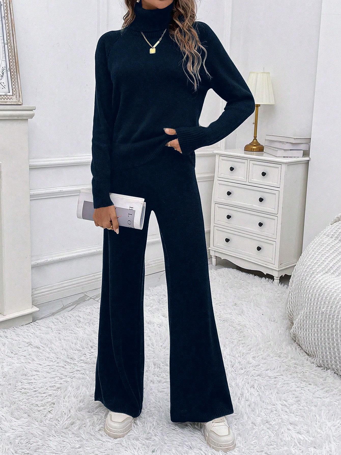 EMERY ROSE GRANATOWY DZIANINOWY KOMPLET SPODNIE SWETER PK01__M