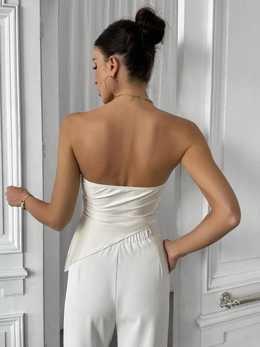 SHEIN KREMOWY ASYMETRYCZNY TOP MARSZCZENIE S06__M