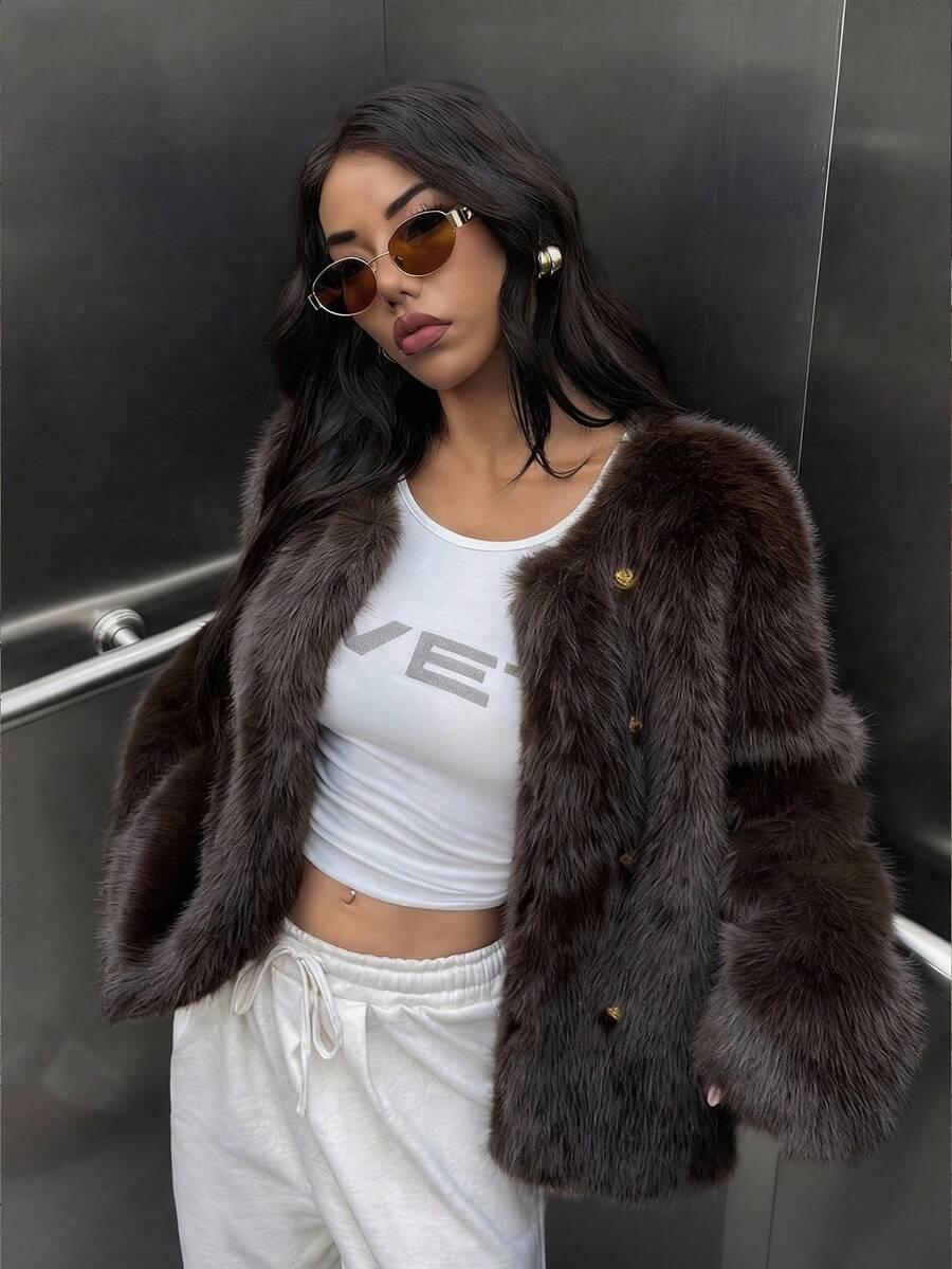 SHEIN BRĄZOWE SZTUCZNE FUTRO W01__XS