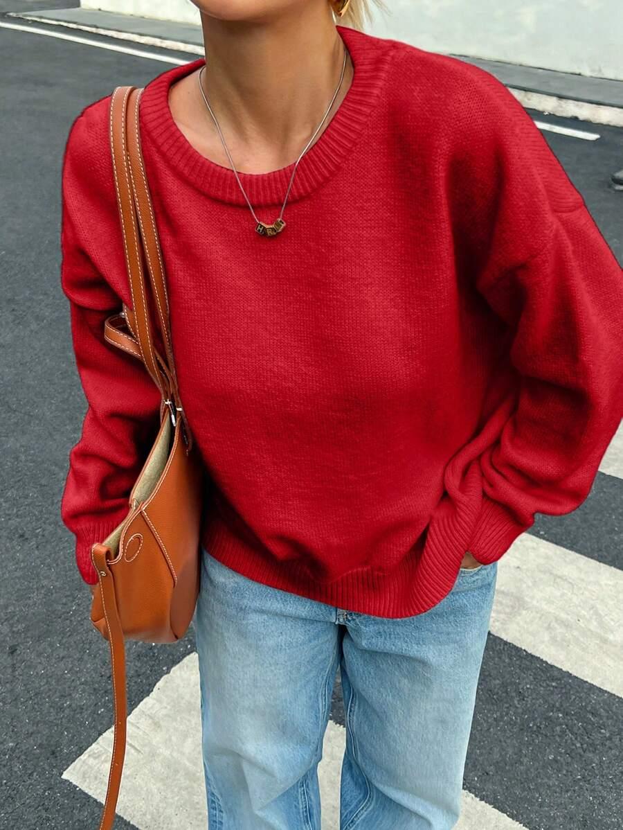 INAWLY CZERWONY SWETER OKRĄGŁY DEKOLT S06__M