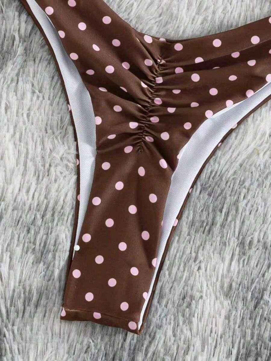 SHEIN BRĄZOWY DWUCZĘŚCIOWY STRÓJ KĄPIELOWY WZÓR GROSZKI S09__XS