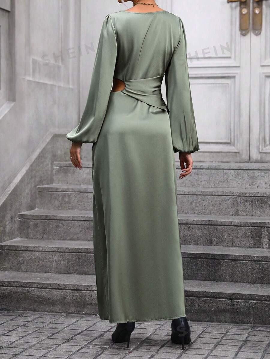 SHEIN ZIELONA SATYNOWA MAXI SUKIENKA Z DŁUGIM RĘKAWEM PK01__XXL