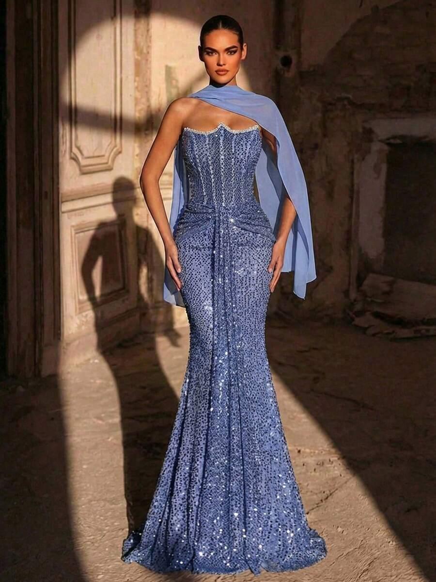 GLAMRAE NIEBIESKA SUKIENKA MAXI CEKINY S06__L