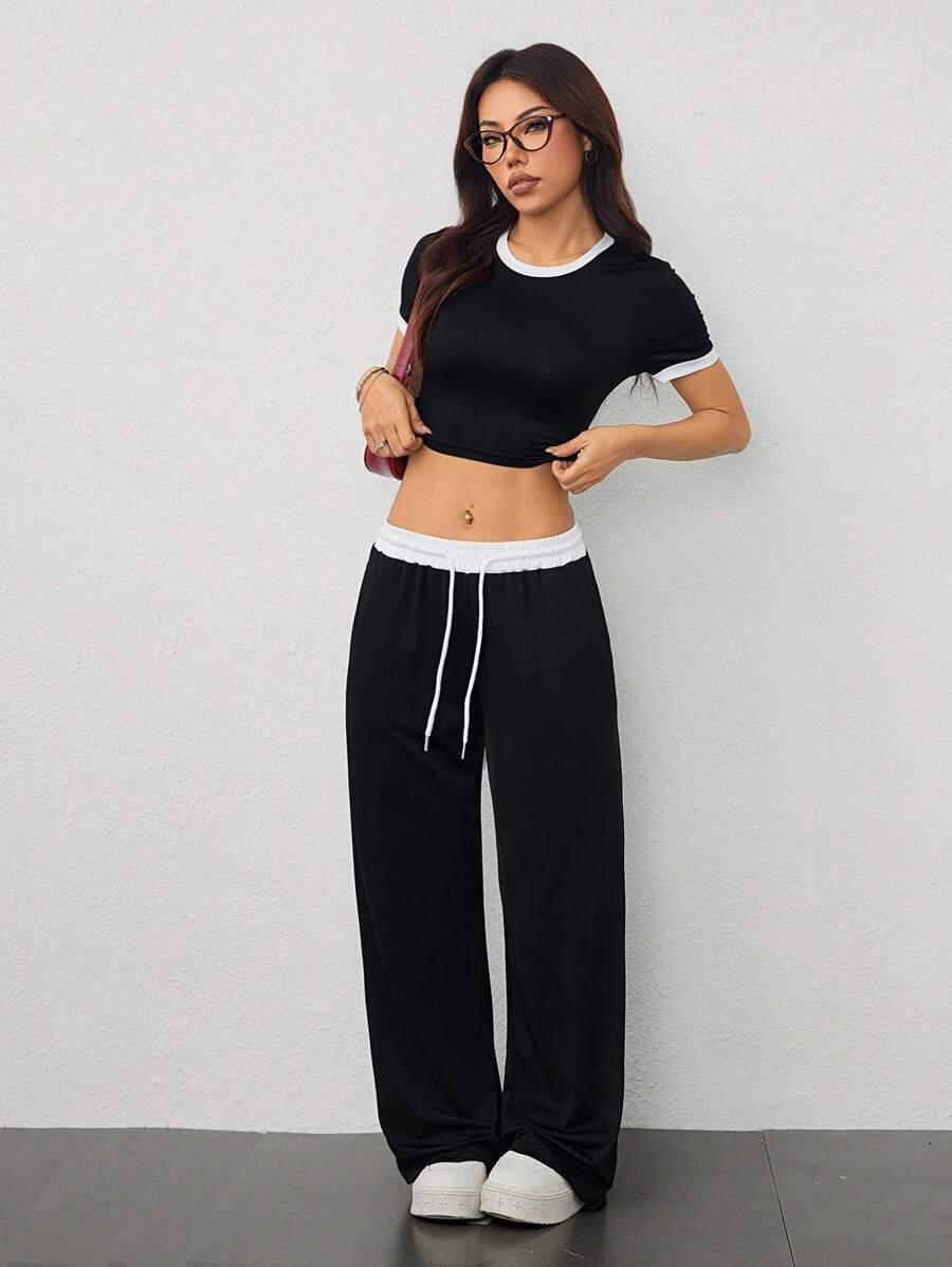 SHEIN BLUZKA KRÓTKI RĘKAW SPODNIE KONTRAST KOMPLET S06__M