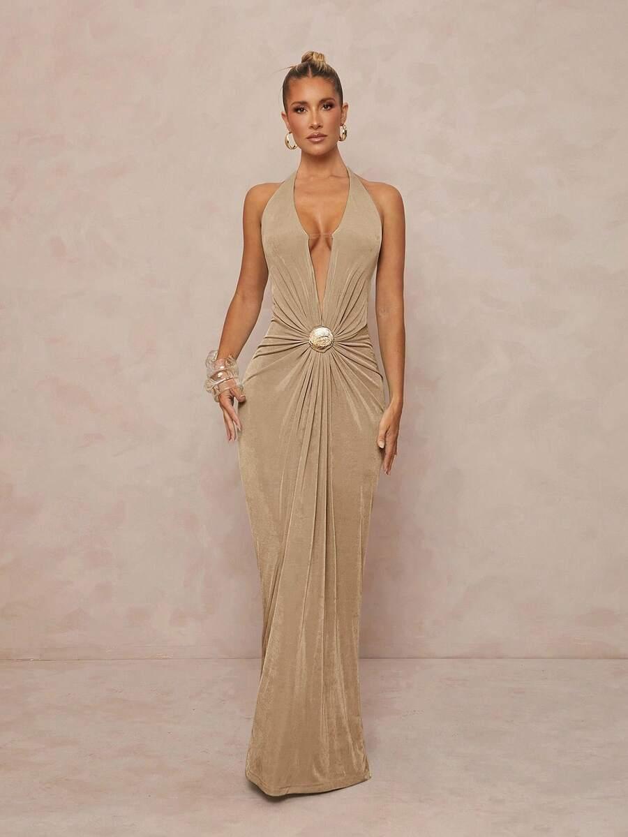 SHEIN BEŻOWA MAXI SUKIENKA GŁĘBOKI DEKOLT S06__L