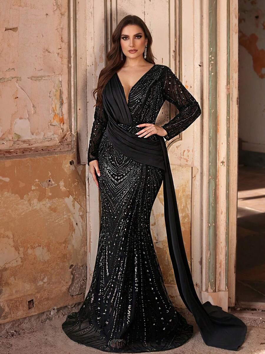SHEIN CZARNA MAXI SUKIENKA ZDOBIENIE S06__48