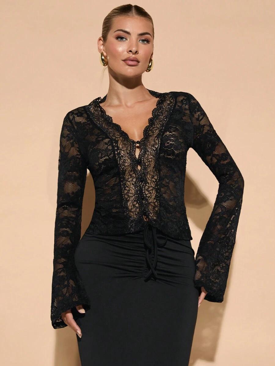 SHEIN CZARNA KORONKOWA BLUZKA S06__L