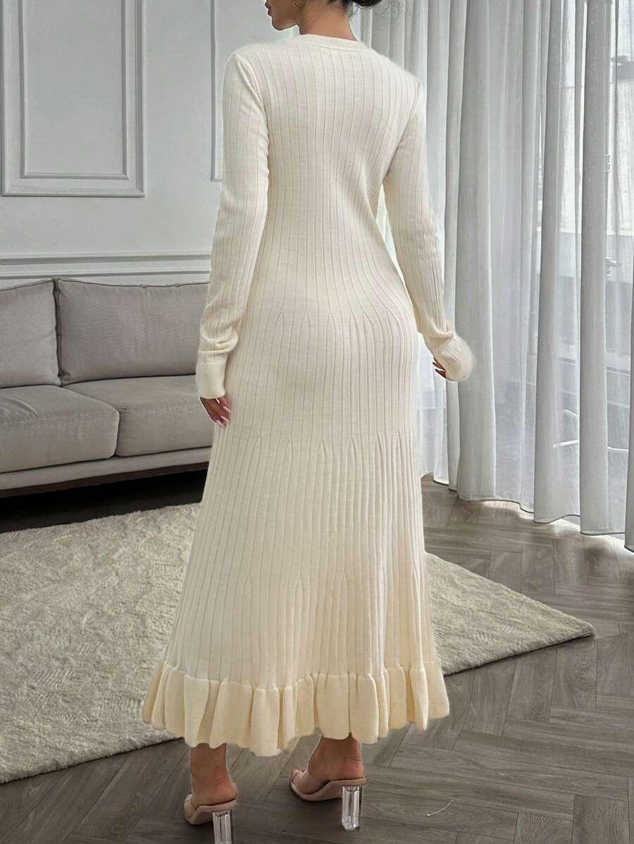 SHEIN BEŻOWA MAXI SUKIENKA DŁUGI RĘKAW DZIANINA S06__M