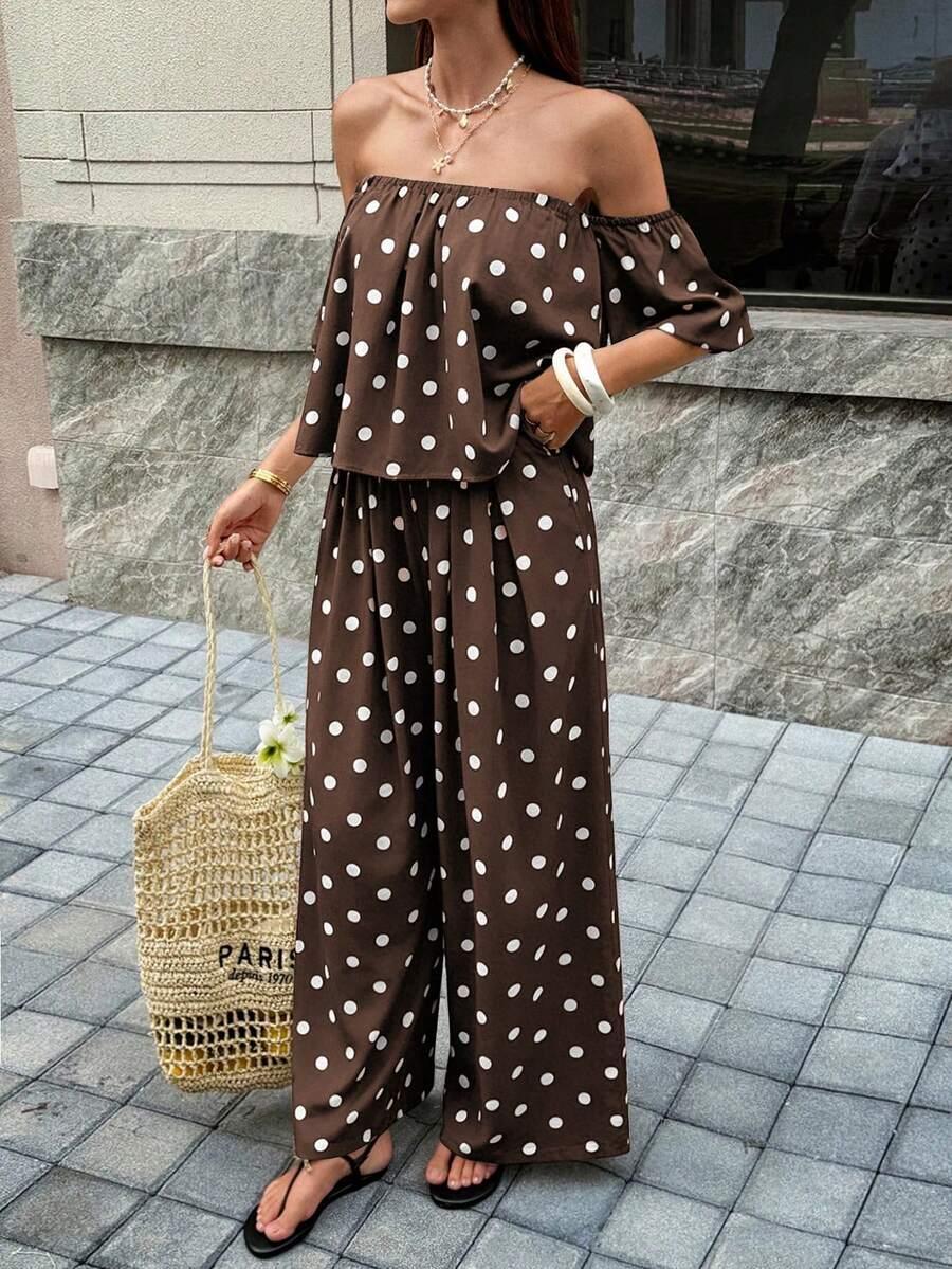 SHEIN BRĄZOWY KOMPLET BLUZKA SPODNIE GROSZKI PK01__M
