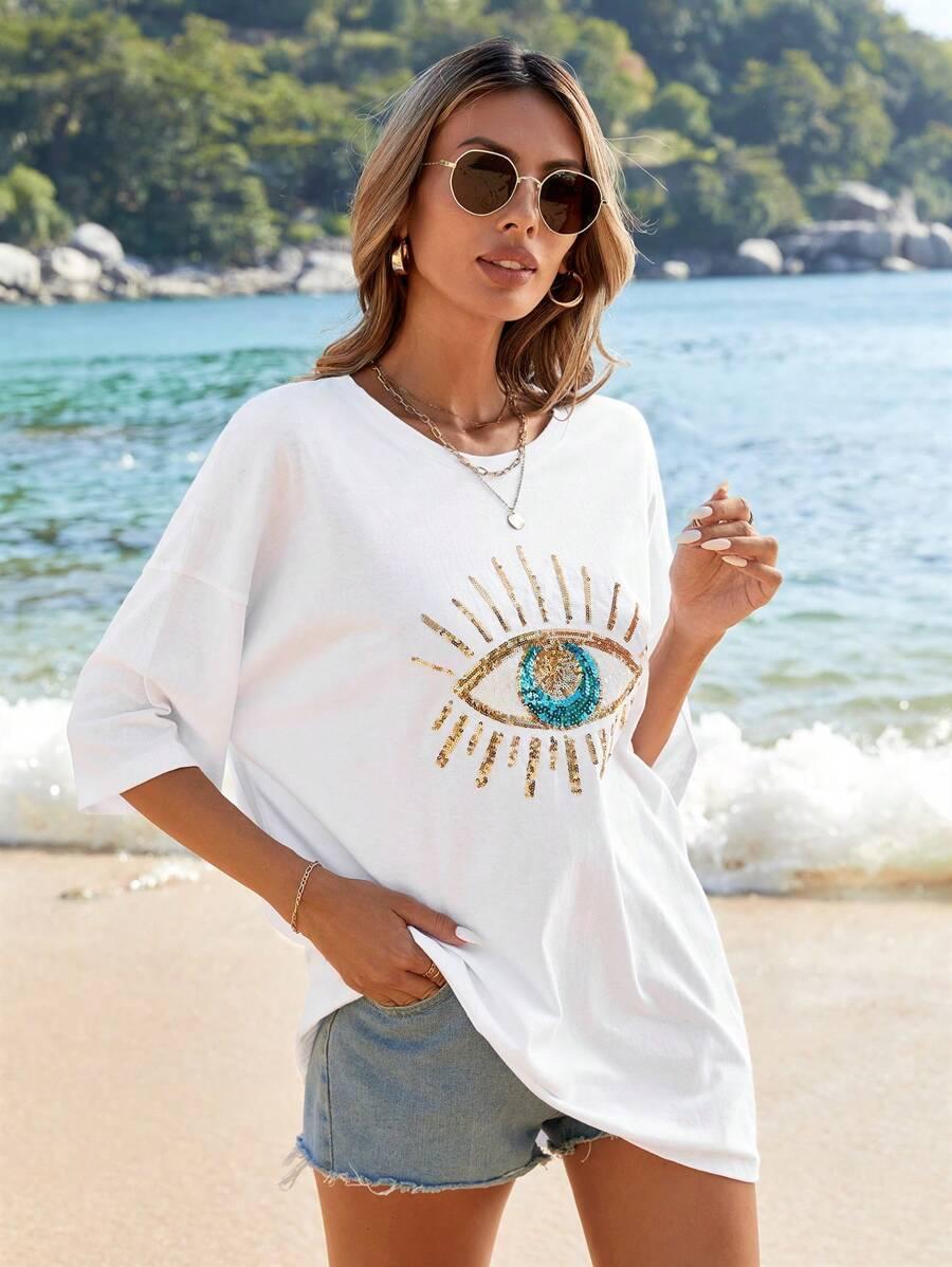 ARAS STYLE BAWEŁNIANY BIAŁY T-SHIRT OVERSIZE ZDOBIENIE CEKINY OKO PK01__L