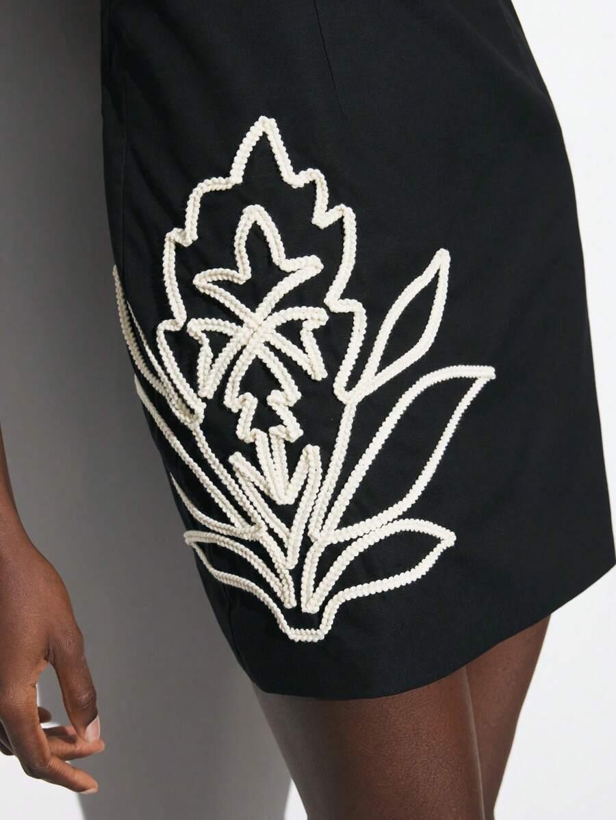 SHEIN CZARNA MINI SUKIENKA HAFT ZDOBIENIE WIĄZANIE FRĘDZLE S06__L