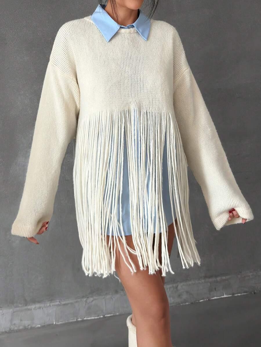SHEIN SWETER OKRĄGŁY DEKOLT FRĘDZLE S09__OS