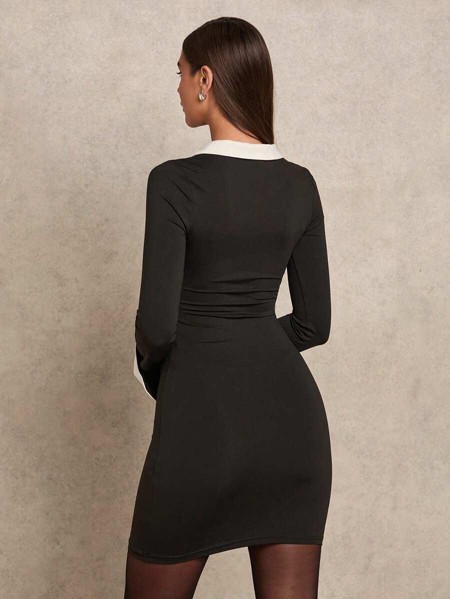 SHEIN CZARNA SUKIENKA DŁUGI RĘKAW KONTRAST S06__M